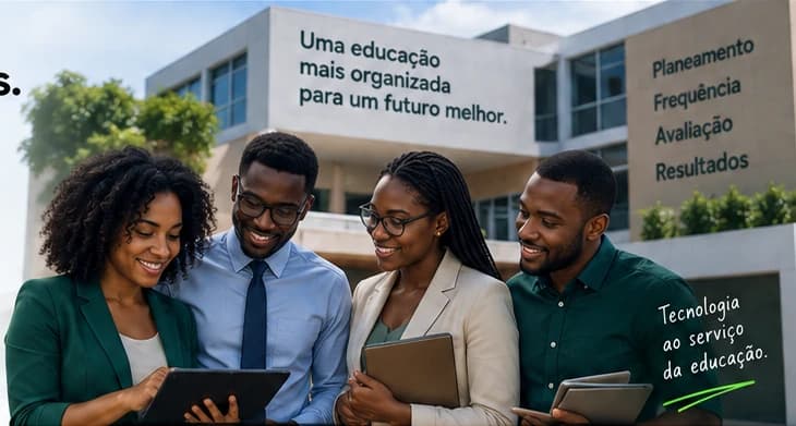 Equipa de professores a trabalhar em conjunto à entrada de uma escola
